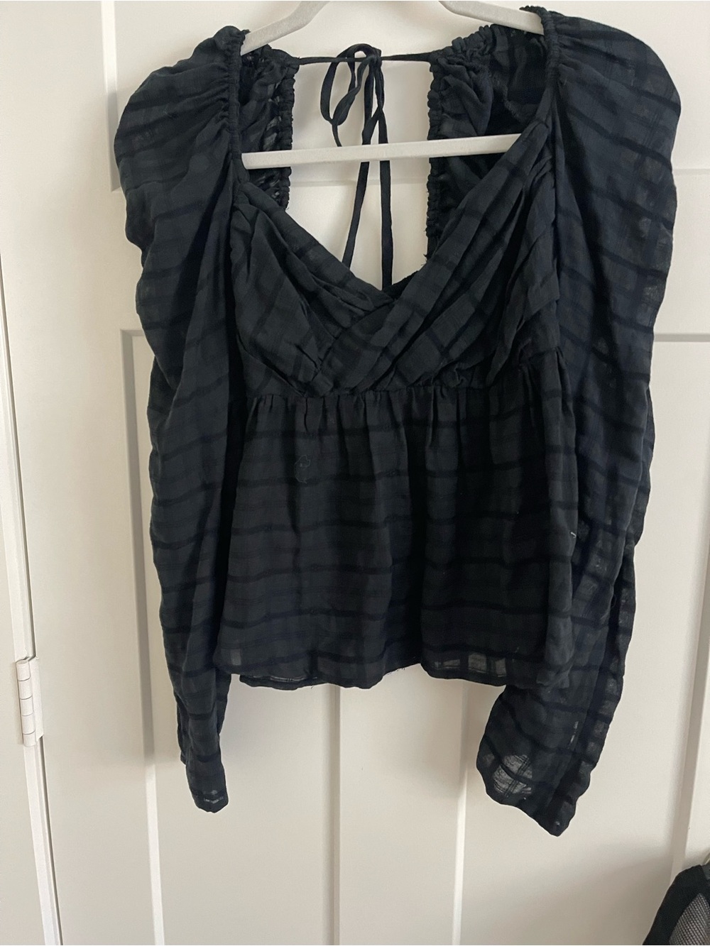 Free People Black Sheer Striped Peasant Top